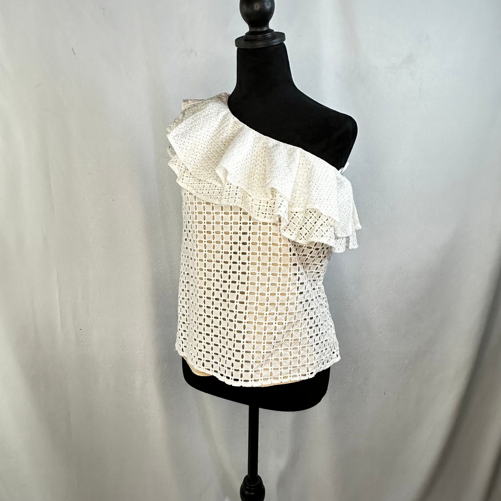 J.Crew Women Sz 0 One Shoulder Top White Eyelet Ruffle Romantic Coastal Cottage